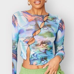 PRETTY LITTLE THING Mesh Marble Blue Crop Top (Sz 0)